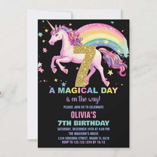 7th Unicorn誕生日招待状ブラック 招待状 (正面)