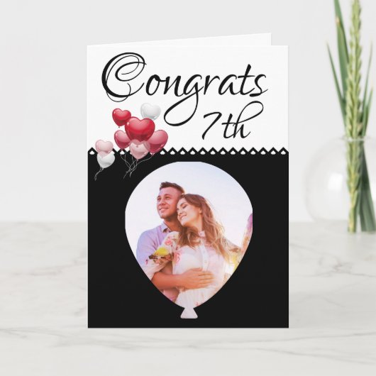 7th Wedding Anniversary Photo Balloon Black White カード (正面)