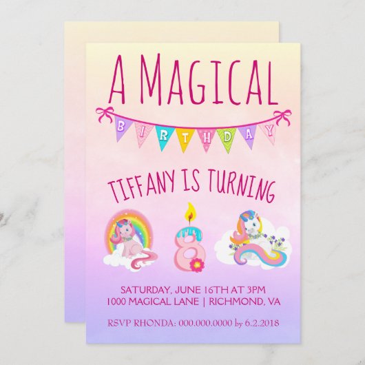 8かわいらし歳の一角獣誕生会 招待状 (正面/裏面)