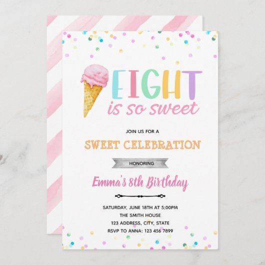 8がとってもすてきなアイスクリームのお誕生日会への招待 招待状 (正面/裏面)