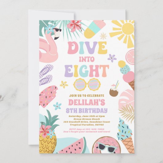 8つのトロピカルビーチ8thバースデーパーティーに飛び込む 招待状 (正面)