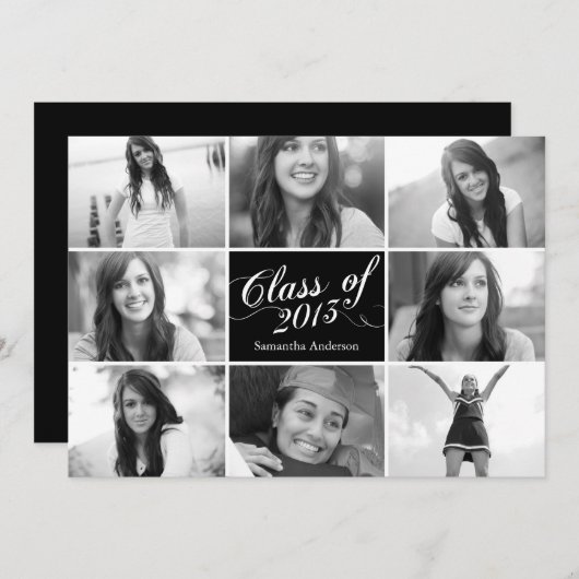 8つの写真の原稿の卒業の招待状の黒 招待状 (正面/裏面)