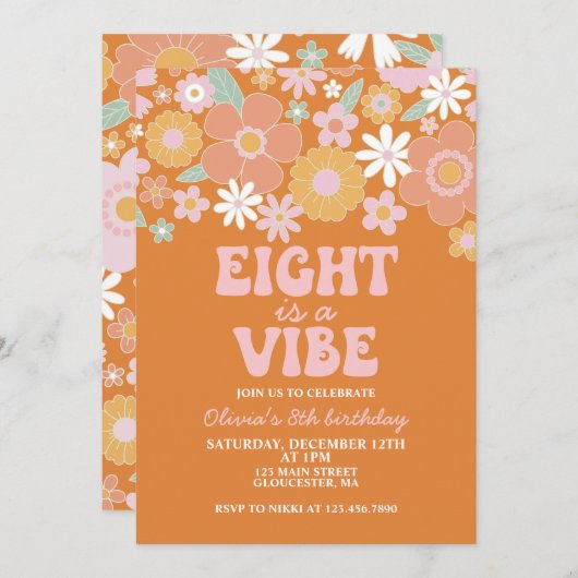 8はバイブグルービーレトロフローラ8th誕生日 招待状 (正面/裏面)