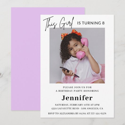 8エレガント歳の誕生日招待状フォトガールモダン 招待状 (正面/裏面)
