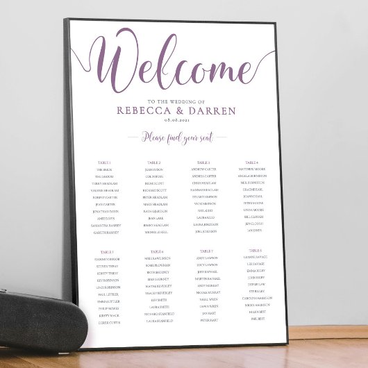 8テーブル結婚のシーティングチャート薄紫紫 ポスター