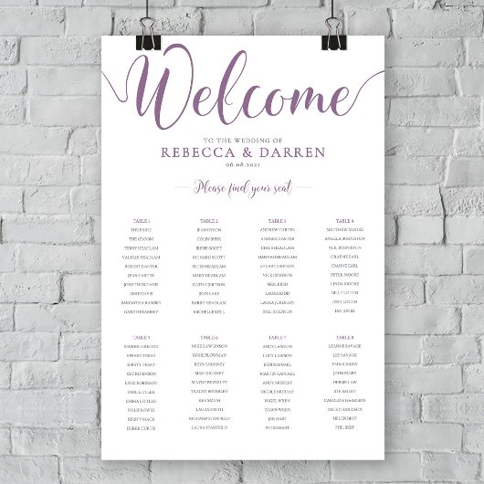 8テーブル結婚のシーティングチャート薄紫紫 ポスター