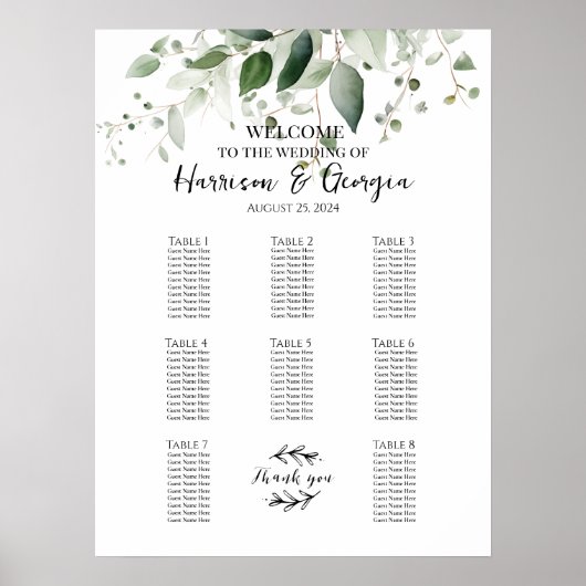 8テーブル緑のエレガントな結婚式のシーティングチャート ポスター (正面)