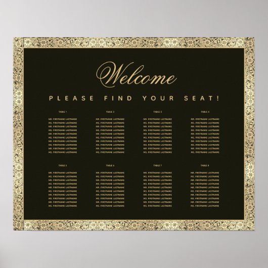 8テーブル黒金ゴールドエレガントヴィンテージ座席表 ポスター (正面)