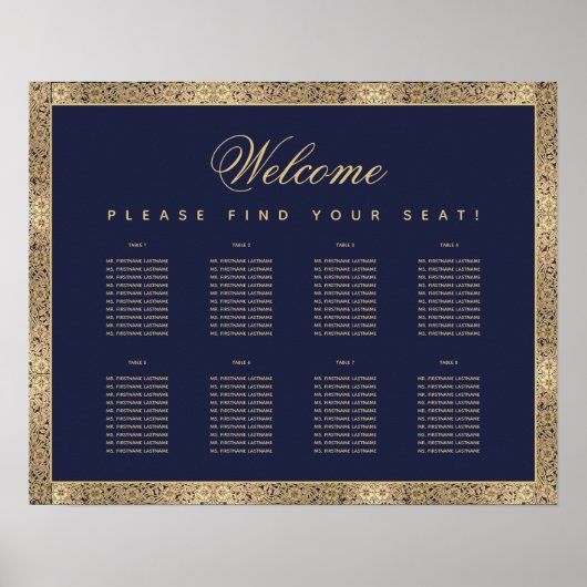 8テーブルNavy Blueヴィンテージ金ゴールドバラシーティングチャート ポスター (正面)