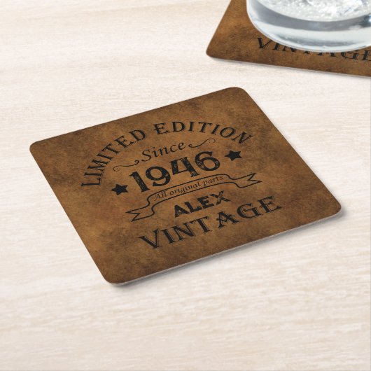 8パーソナライズされたヴィンテージ80歳の誕生日パーティー スクエアペーパーコースター (アングル)