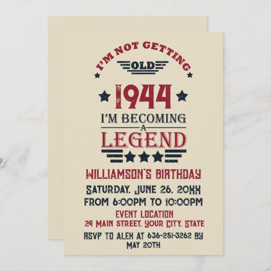 8パーソナライズされたヴィンテージ80歳の誕生日パーティー 招待状 (正面/裏面)