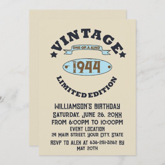 8パーソナライズされたヴィンテージ80歳の誕生日パーティー 招待状 (正面/裏面)