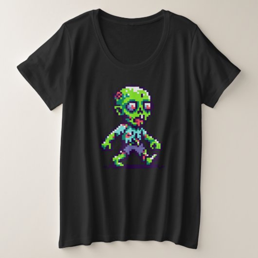 8ビットゾンビおもしろいハロウィーン プラスサイズTシャツ (デザイン正面)