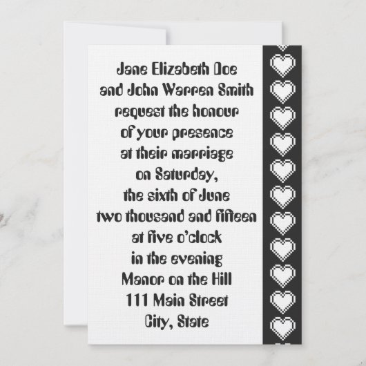 8ビットハートのブラック結婚式招待状 招待状 (正面)
