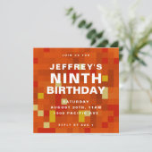 8ビットブロックオレンジ子供の誕生日パーティの招待状 セーブザデート (スタンド正面)