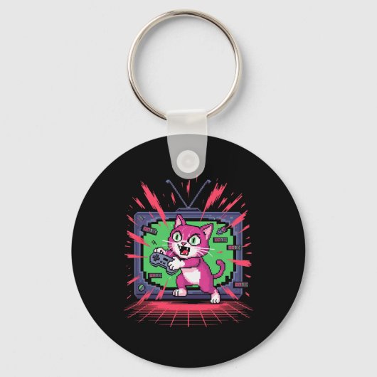 8ビット風レトロゲーマー向けピクセルレイジキャットグリッチ 2 キーホルダー (正面)