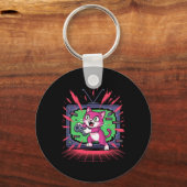 8ビット風レトロゲーマー向けピクセルレイジキャットグリッチ 2 キーホルダー (正面)
