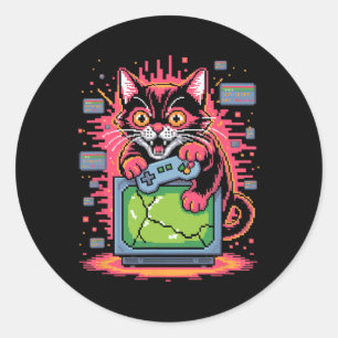 8ビット風レトロゲームのグリッチがかかった怒りの猫 1 ラウンドシール