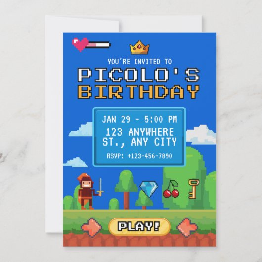 8ビット レトロ ゲーム ピクセルアート ゲーマー 誕生日 招待状 (正面)