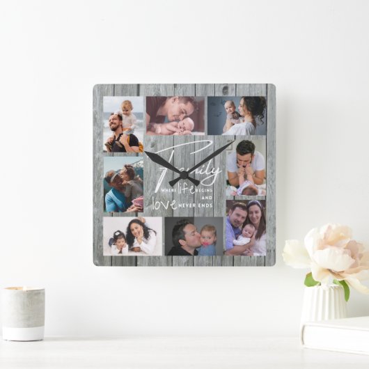 8フォトコラージファミリーラブ引用文グレーウッド スクエア壁時計 (ホーム)