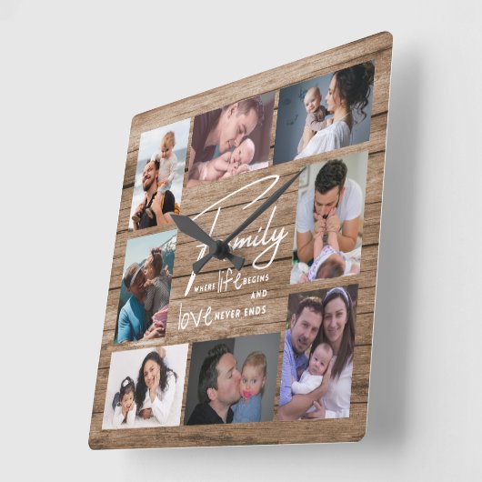 8フォトコラージファミリーラブ引用文素朴ウッド スクエア壁時計 (傾斜)