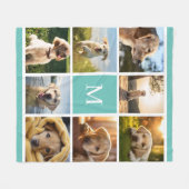 8フォトコラージモノグラムターコイズカスタム フリースブランケット (正面(横))