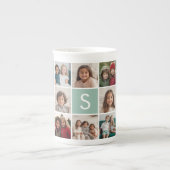 8フォトコラージュカスタムモノグラムミントグリーン ボーンチャイナマグカップ (正面)