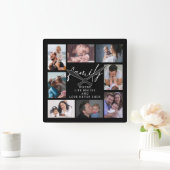 8フォトコラージュテンプレートファミリーラブ引用文ブラック スクエア壁時計 (ホーム)