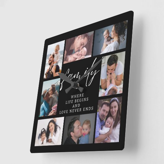 8フォトコラージュテンプレートファミリーラブ引用文ブラック スクエア壁時計 (傾斜)