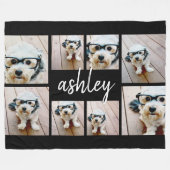8フォトコラージュ名前を追加する書道ブラック フリースブランケット (正面(横))