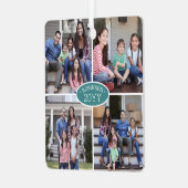 8フォトコラージュ家族の名前と年のティール（緑がかった色）と白 メタルオーナメント (正面左)