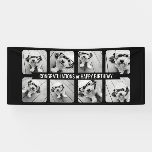 8フォトコラージュ – カスタム文字リボン – 白黒 横断幕 (横)