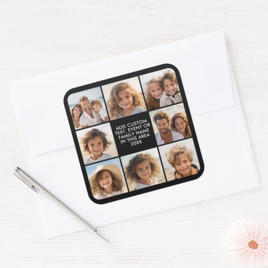 8フォトコラージュ – カスタム文字 – 黒い背景 スクエアシール (封筒)