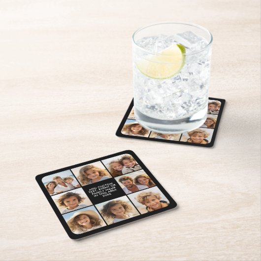 8フォトコラージュ – カスタム文字 – 黒い背景 スクエアペーパーコースター (インサイチュ)