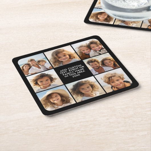 8フォトコラージュ – カスタム文字 – 黒い背景 スクエアペーパーコースター (アングル)