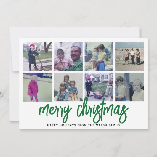 8フォトコラージュ – メリークリスマスグリーンパターン シーズンカード (正面)