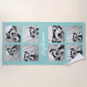 8フォトコラージュ – 手書き名パステルブルー ビーチタオル (正面)