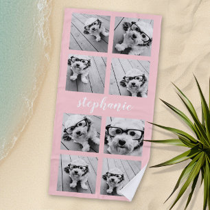 8フォトコラージュ – 手書き名赤面ピンク ビーチタオル