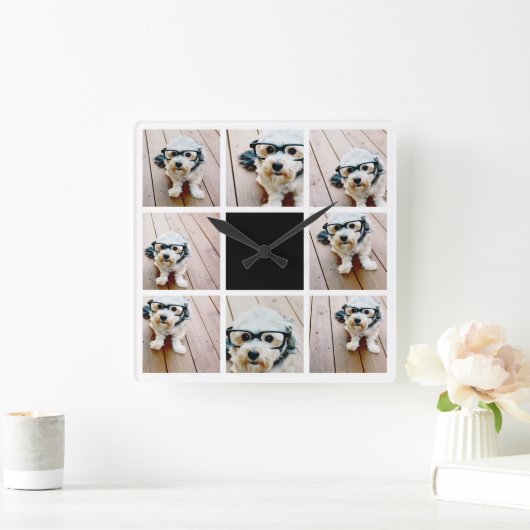 8フォトコラージュ – 黒アクセント付き スクエア壁時計 (ホーム)