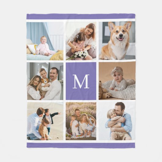 8フォトファミリーコラージモノグラムパープルカスタム フリースブランケット (正面)
