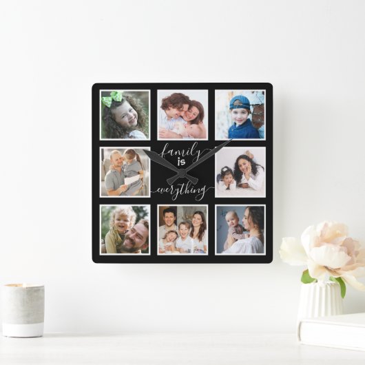 8フォトフレームファミリーは全引用文ブラック スクエア壁時計 (ホーム)