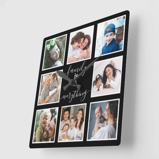 8フォトフレームファミリーは全引用文ブラック スクエア壁時計 (傾斜)