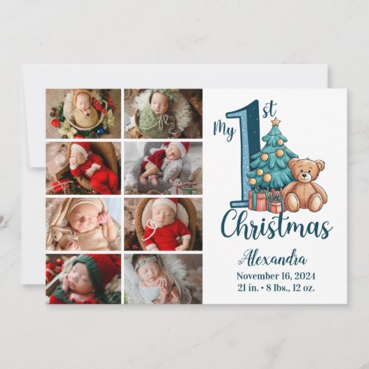 8フォトブルーテディベビー1stクリスマス シーズンカード (正面)