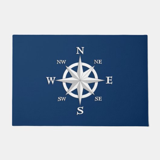 8ポイントコンパスバラ、ホワイトおよびネイビーブルー ドアマット (正面)