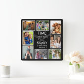 8写真テンプレート時間とファミリー引用文ブラック スクエア壁時計 (ホーム)