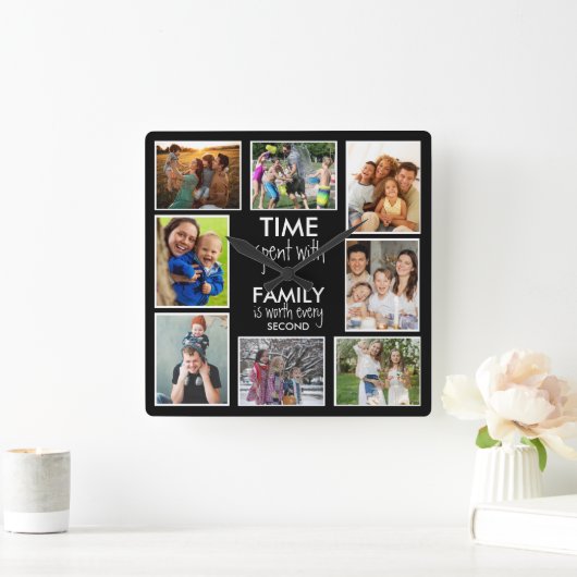 8写真テンプレート時間とファミリー引用文ブラック スクエア壁時計 (ホーム)