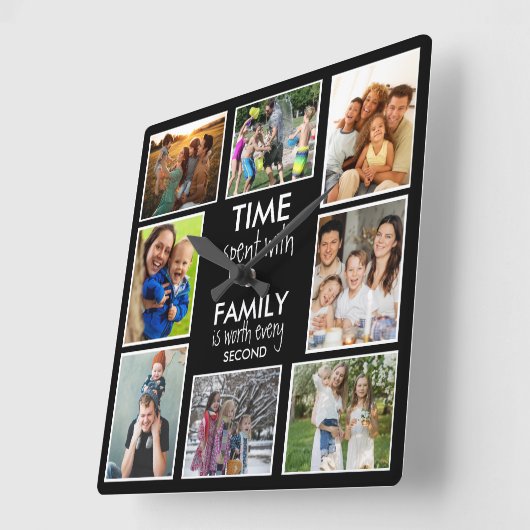 8写真テンプレート時間とファミリー引用文ブラック スクエア壁時計 (傾斜)