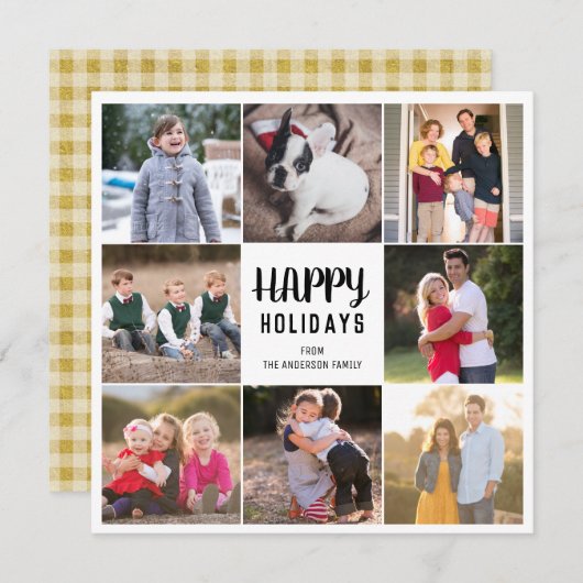8写真素朴ハッピーホリデイズ金ゴールドジンガムプレイド シーズンカード (正面/裏面)