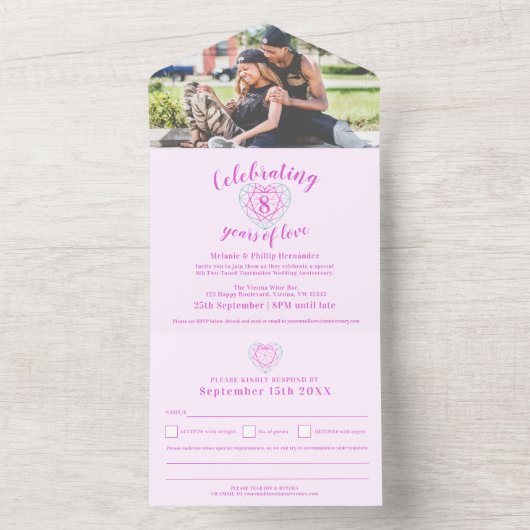 8周年記念の結婚式の返信は、ツートンカラーのトルマリンです。 オールインワン招待状 (内側)