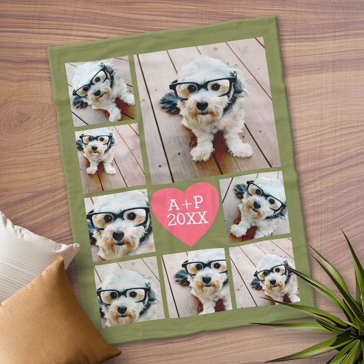 8枚のフォトコラージュハート----緑のピンク フリースブランケット